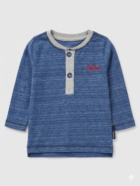 Noppies Blue Long-Sleeve Henley with Gray Placket and Red Embroidery